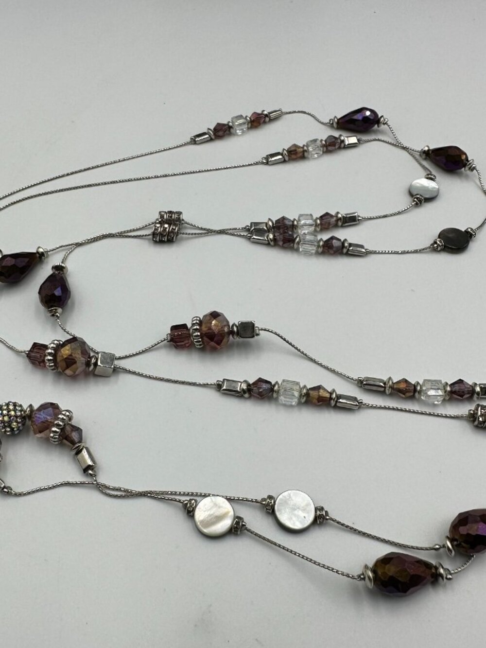 3/$30 Purple Glass Bead Necklace Long Layered Silver Tone Chain Shell 60"